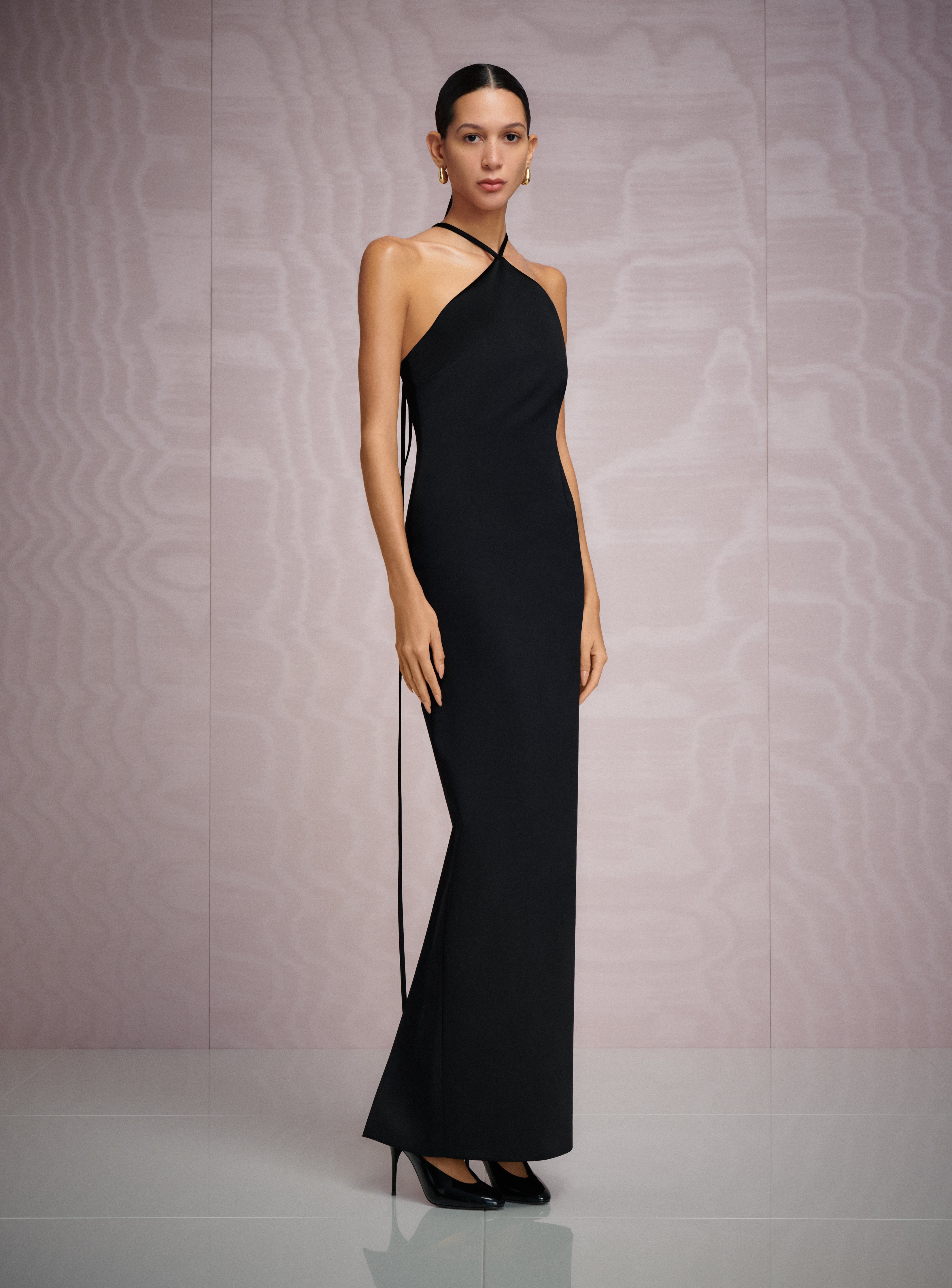 solace london black dress The Fern Maxi in black satin Gown for New Year's complemented by harness Color:Caramel