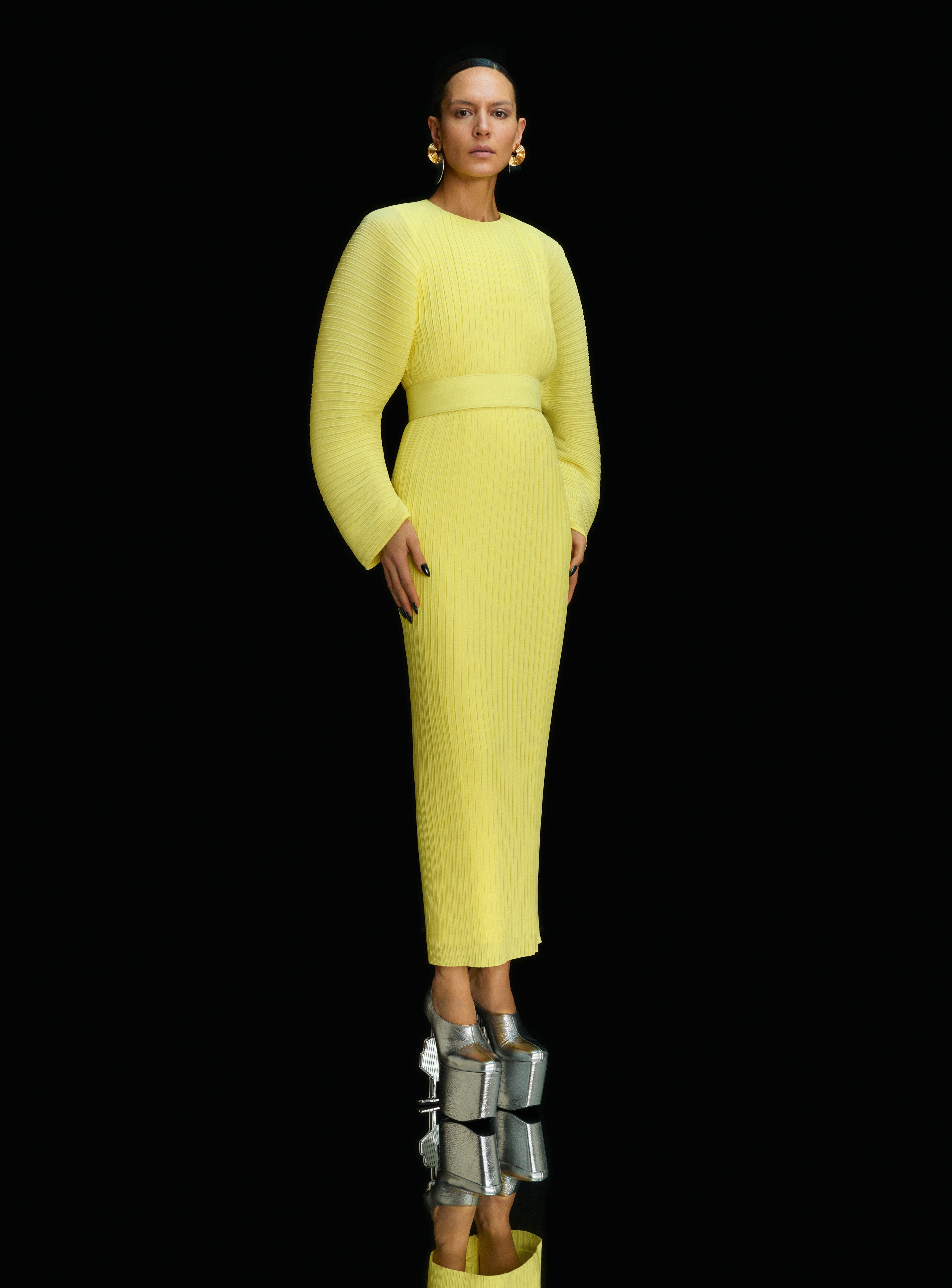 solace london yellow peplum dress Solace London Belted Crepe-panelled Pliss Satin Maxi Dress Yellow Size 12