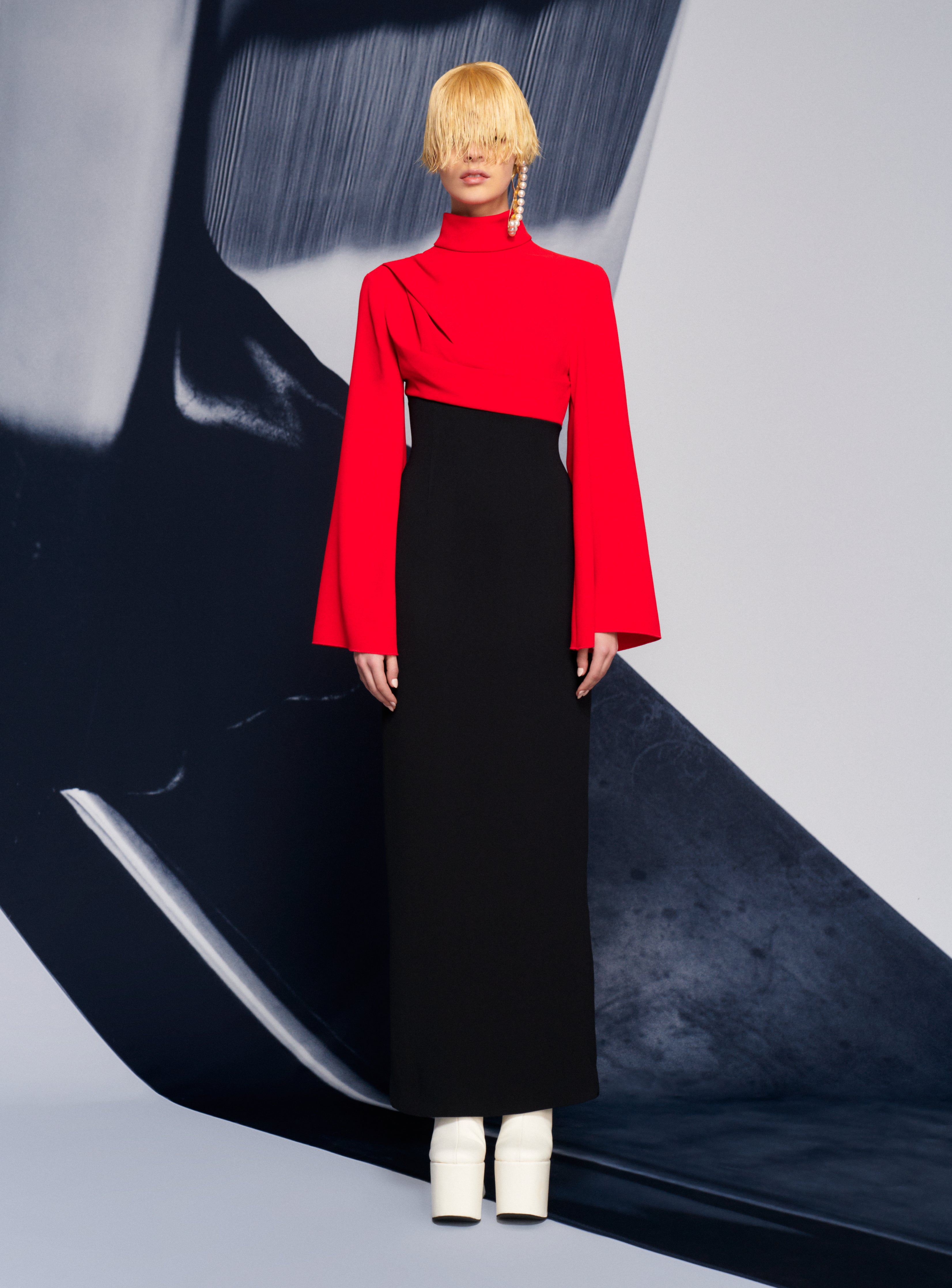 red and black maxi dress Chiffon Maxi Dress with Floral Patchwork in Black and Red