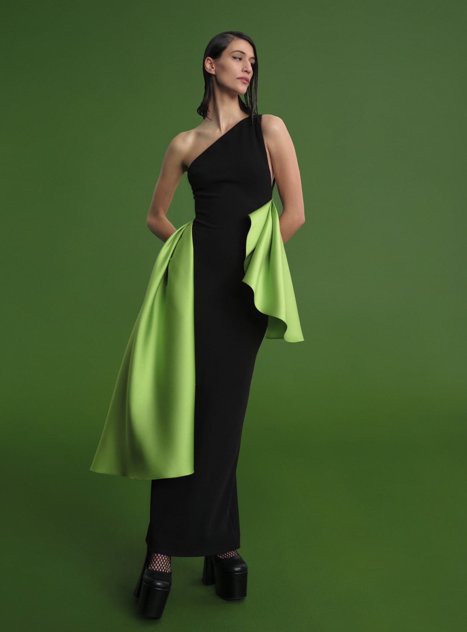 The Calla Maxi Dress in Black & Chartreuse